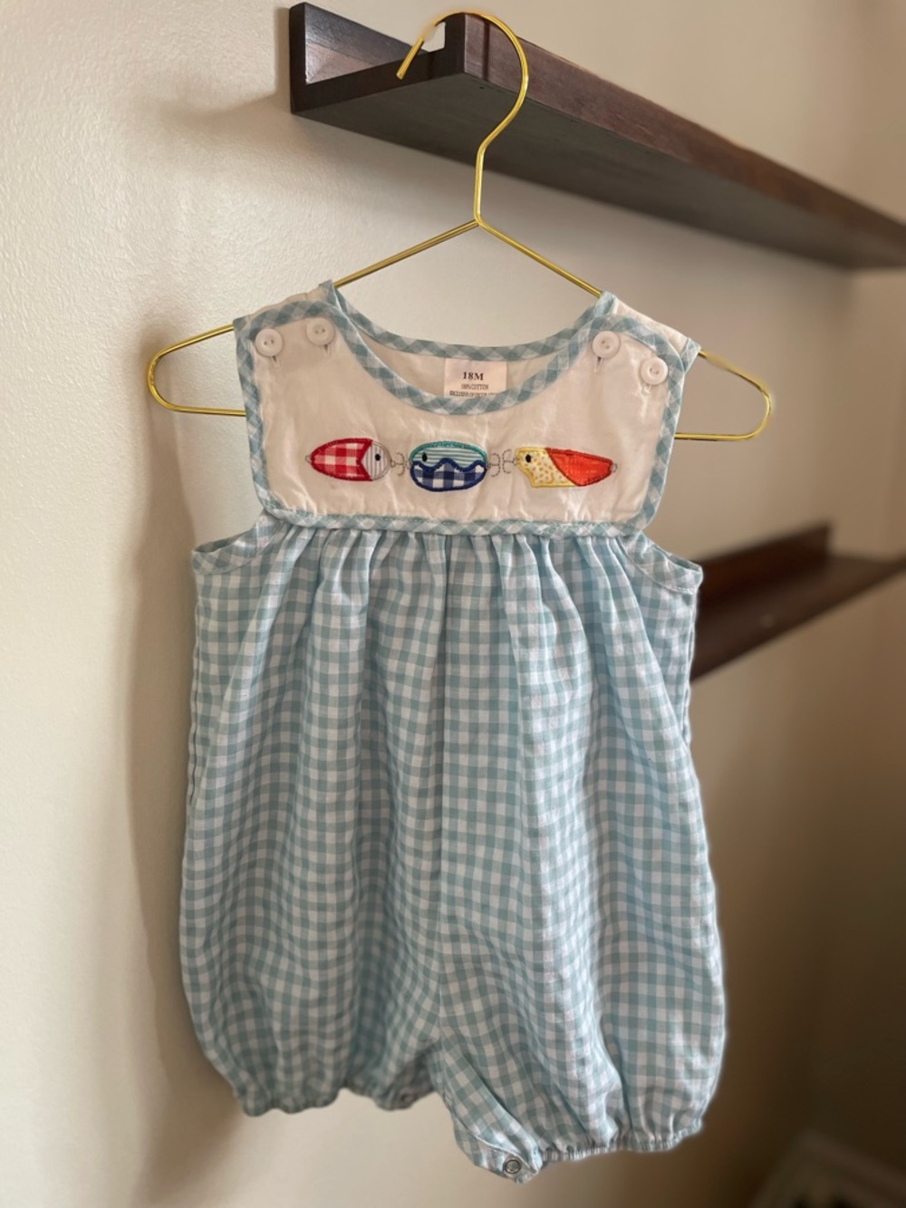 Blue Gingham Baby Romper with Fish Appliqué